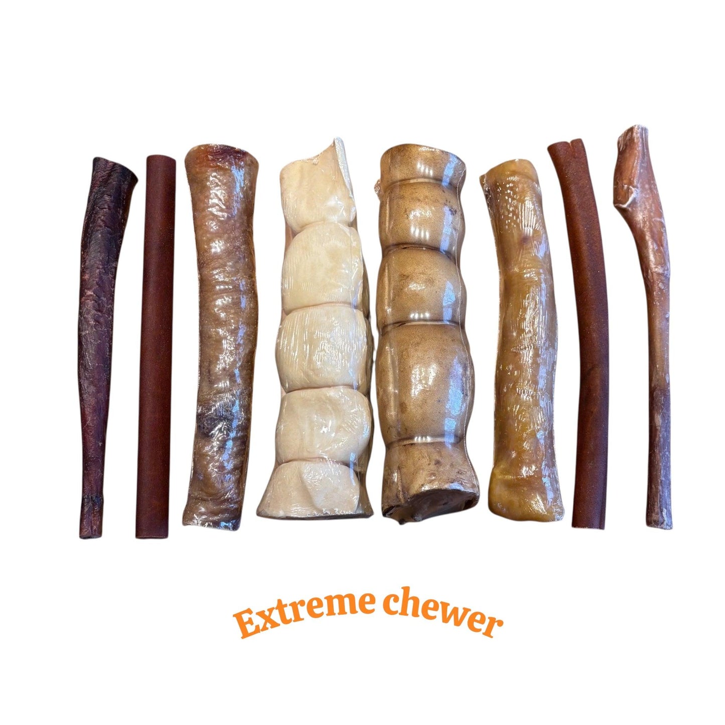 Bundle of 8 natural dog chews – beef cheek, collagen and pork roll – Happy Chew