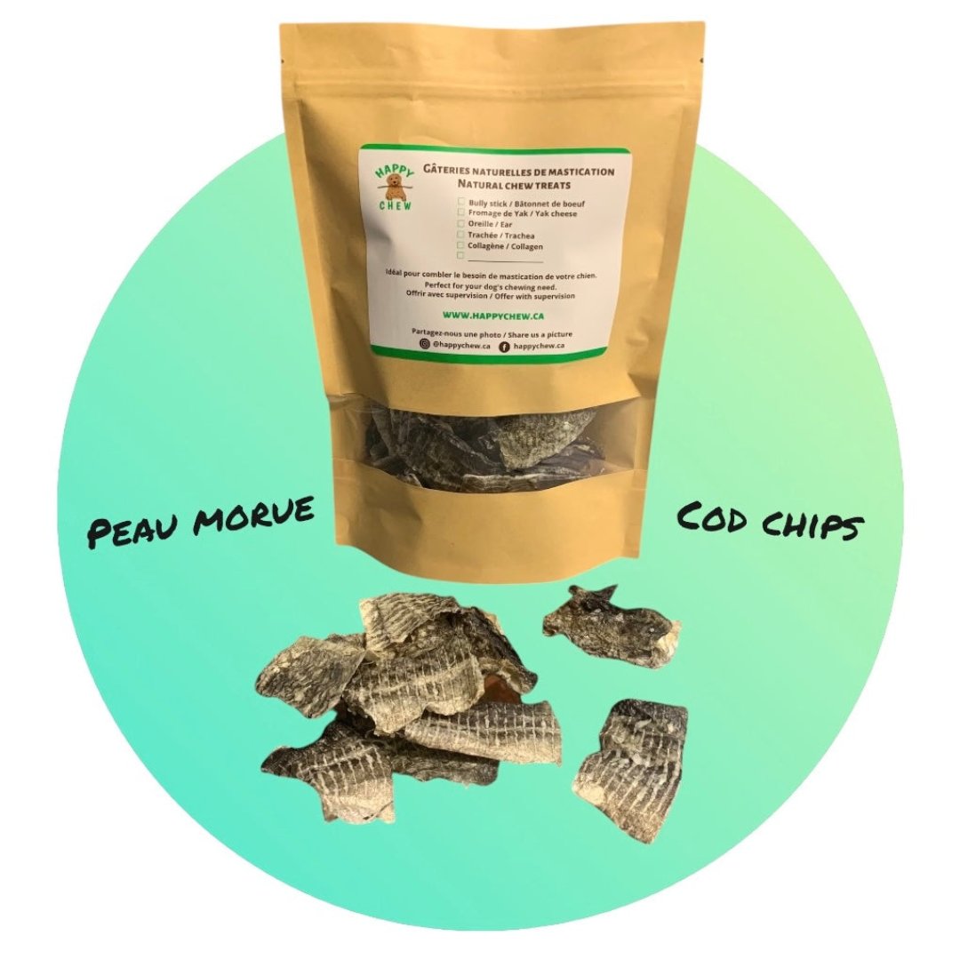 Happy Chew peau de morue déshydraté pour chien, canadian cod skin dog treat