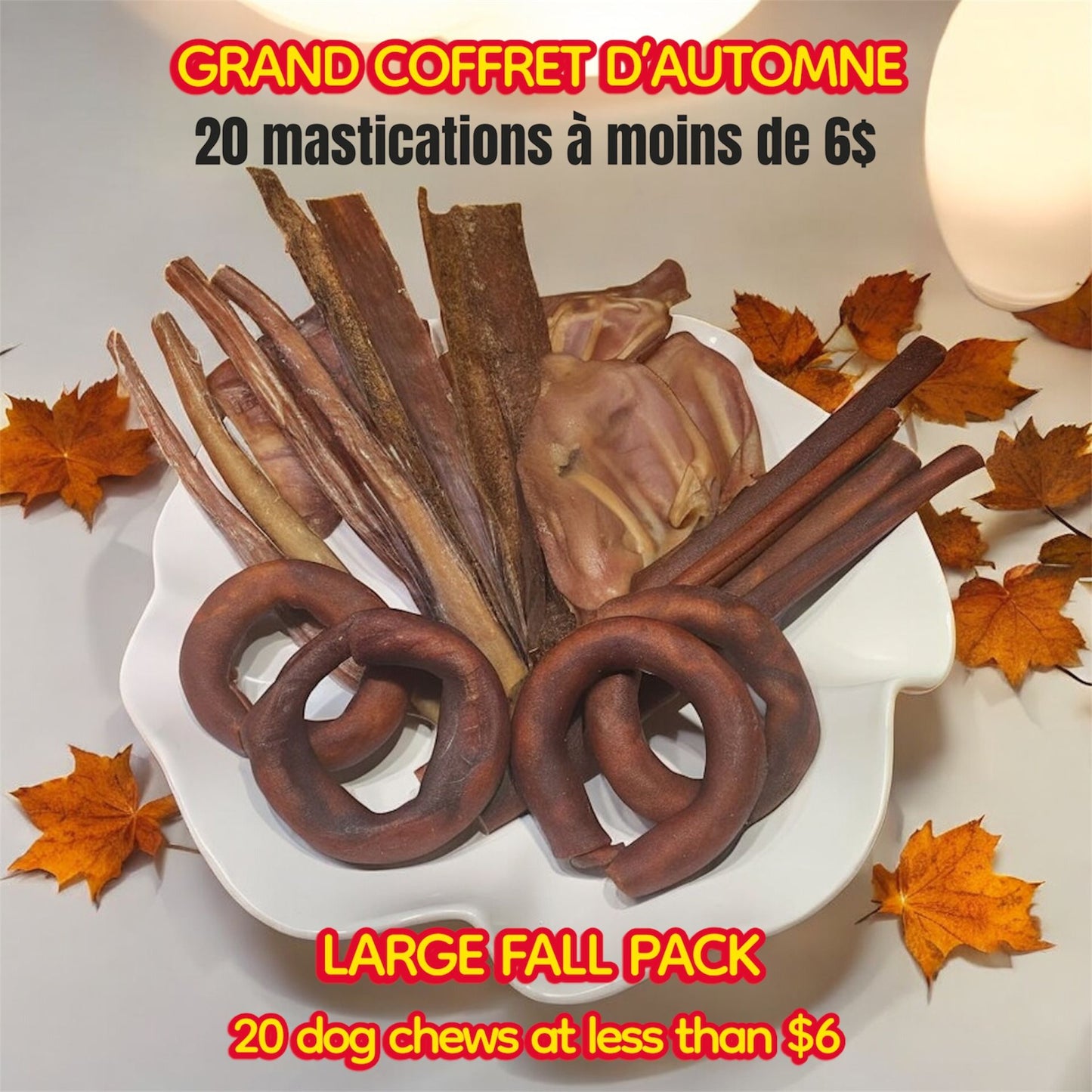 Coffret d'automne! 2o mastications naturelles à petit prix! Bully sticks Canada, collagen, pork, beef jerky.