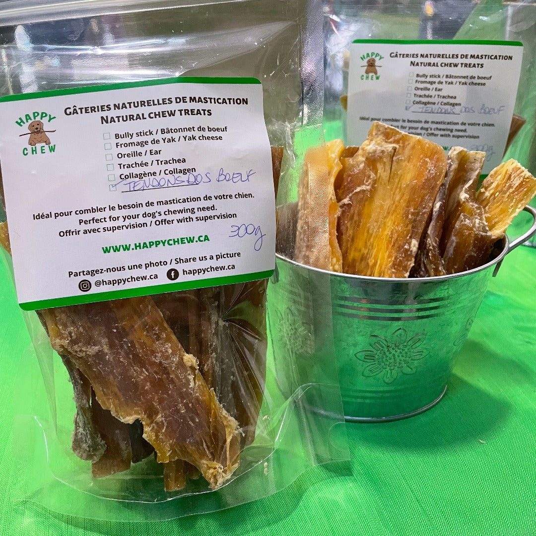 Happy Chew tendons de boeuf au Québec, beef backstrap dog chew treat in Quebec
