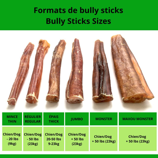 Bully sticks chart for light, moderate and agressive chewer. Tableau des meilleurs Bully sticks. 