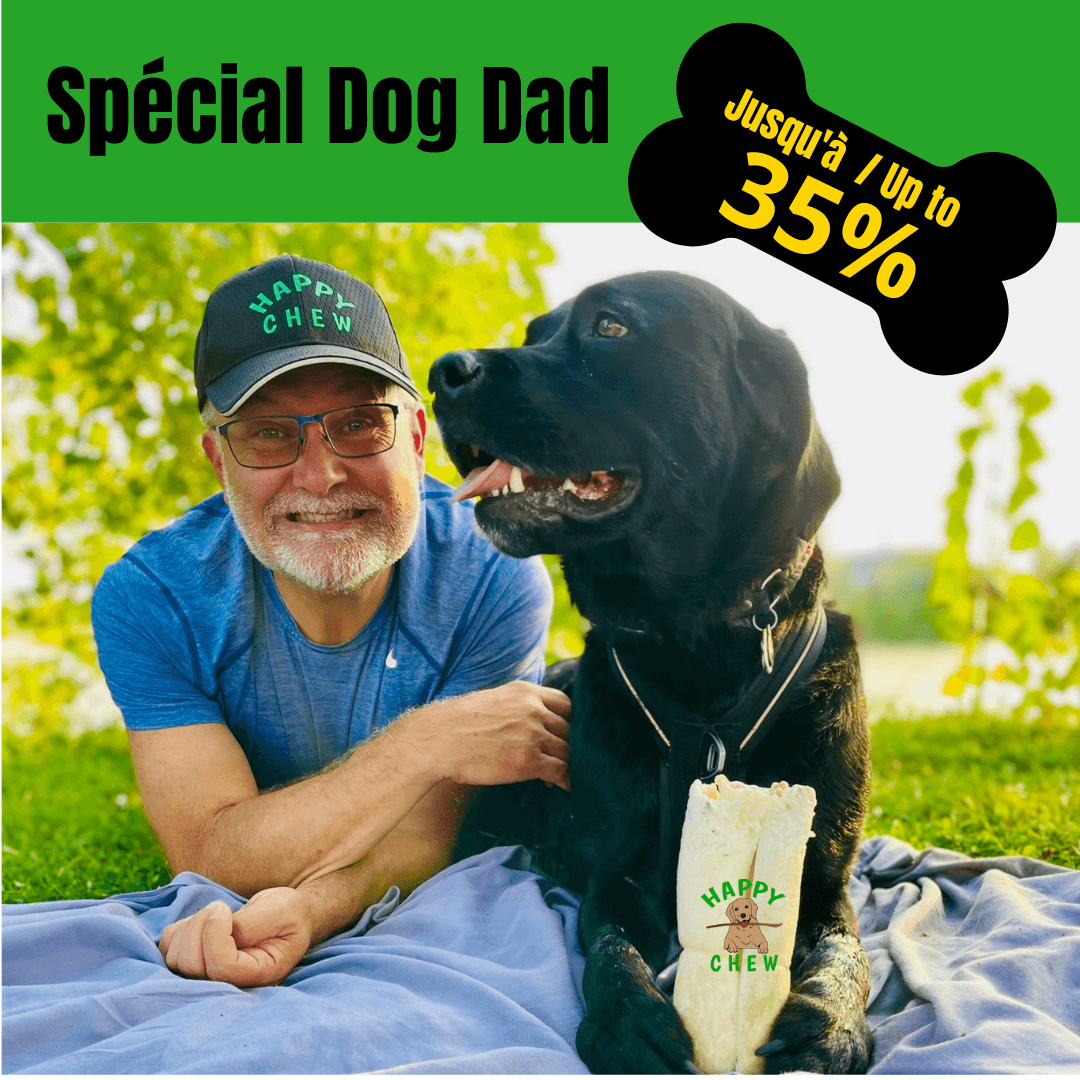 Solde fête des pères! Jusqu'à 35% de rabais sur la mastication naturelle de qualité pour chien - Bully sticks canadiens, lapin, porc, yak, collagène. 