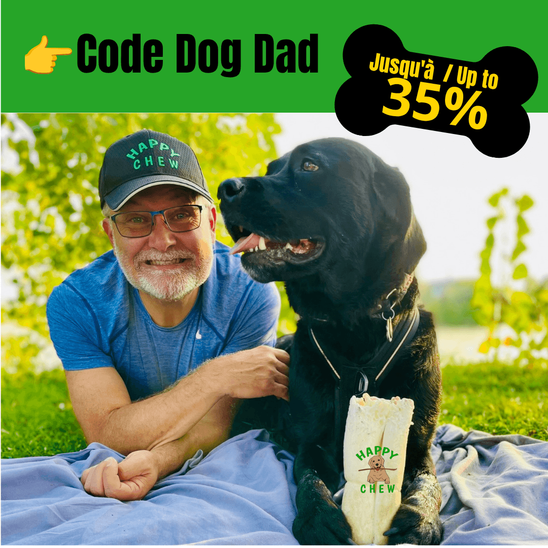 Solde fête des pères! Jusqu'à 35% de rabais sur la mastication naturelle de qualité pour chien - Bully sticks canadiens, lapin, porc, yak, collagène. 