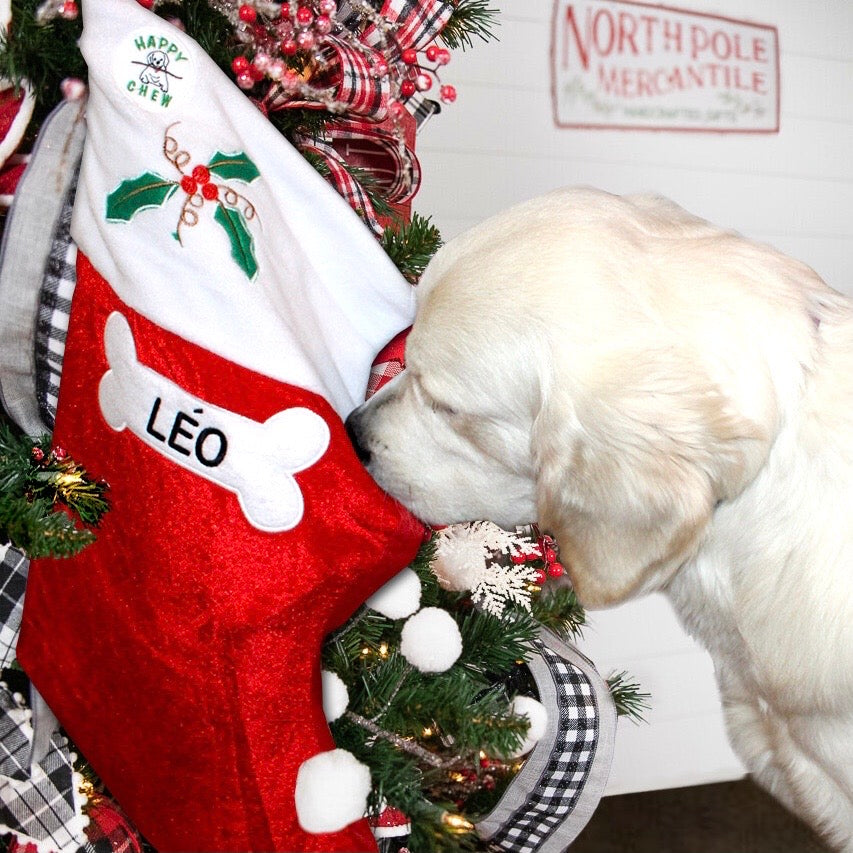 Happy Chew bas de Noel personnalisé de bully sticks pour chien au Québec, Bully sticks Christmas Stocking in Quebec