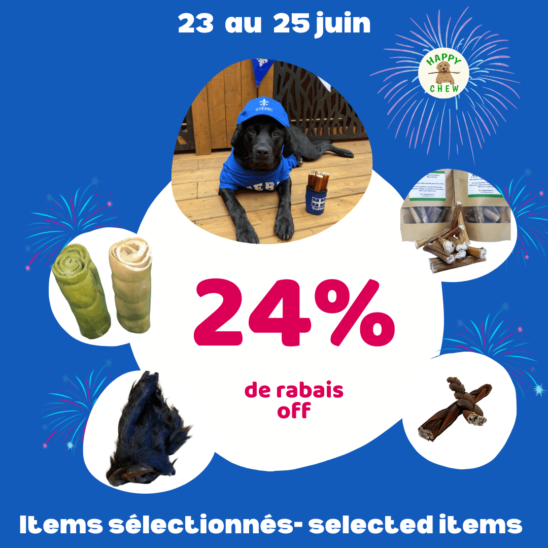 24% off premium natural dog chews — Canadian bully sticks, rabbit, pork, yak, collagen.
