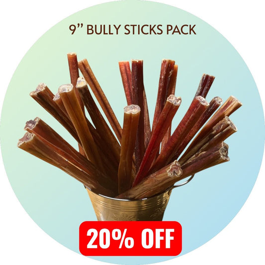 Pack of 20 bully sticks at 20% off! High-protein, low-fat, low odor treats for dogs under 50 lb