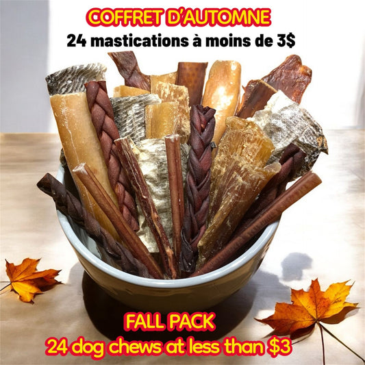 Fall dog chew pack! 24 mastications naturelles à petit prix! Bully sticks Canada, collagen, pork, beef jerky,cod skin and more 