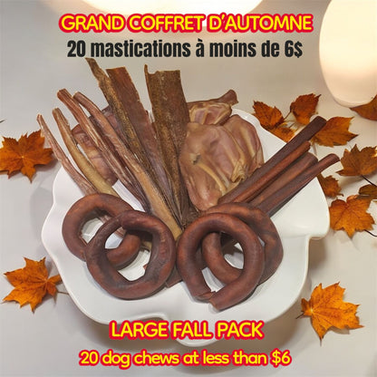 Coffret d'automne! 2o mastications naturelles à petit prix! Bully sticks Canada, collagen, pork, beef jerky.