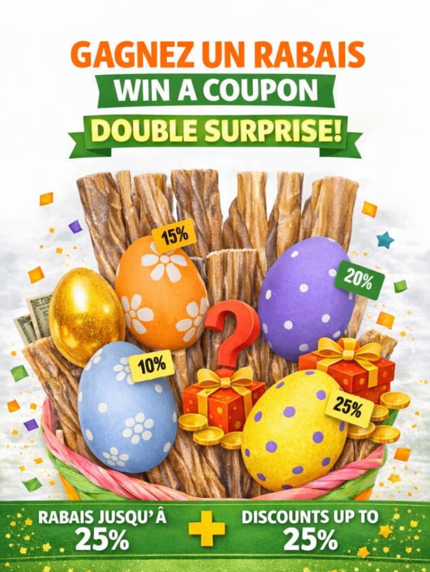 Trouvez les rabais cachés sur le site!  Concours Gagner un des 30 rabais sur la mastication. Find hidden dog chews deals online. Win a coupon! Easter Dog chews savings