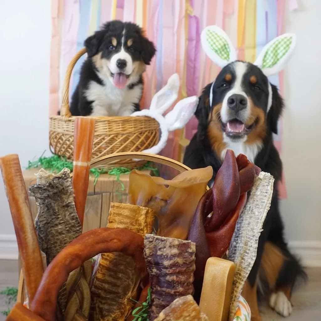 Looking for natural Easter dog treats? Save up to 28% on Canadian bully sticks, collagen chews & dog treats at Happy Chew. Fast delivery in Canada.