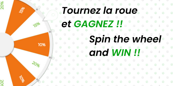 Tournez la roue et gagnez jusqu'à 20% de rabais sur la mastication pour chien. Bully stick produit au Canada. Spin and win up to 20% off on dog chews. Canadian Bully Sticks.