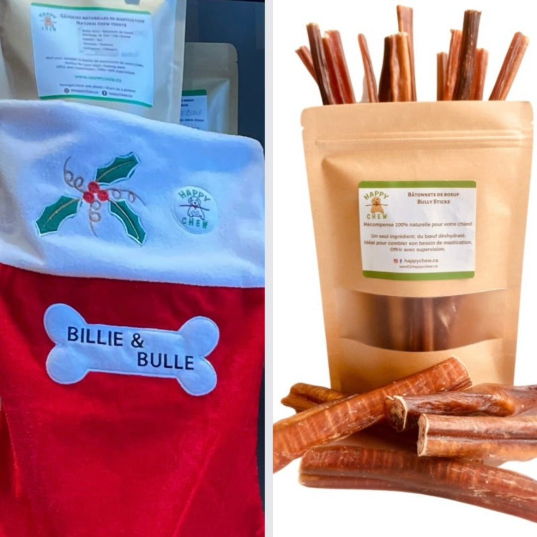 Happy Chew spécial 15% cadeau Noel chien: bully sticks et bas Noel personnalisé,15% off dog Christmas gift: bully sticks and personalized Christmas Stocking