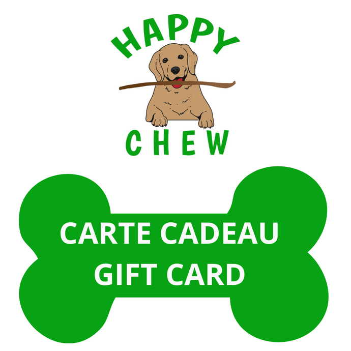 Idée cadeau chien,Happy Chew carte cadeau bully sticks au Québec, dog chew gift card in Quebec