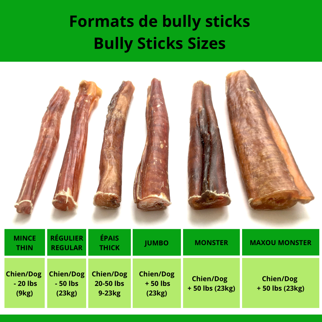 Happy Chew bully sticks guide des grosseurs au Québec, Happy Chew bully sticks size chart in Quebec