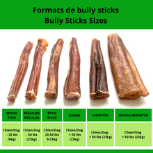 Load image into Gallery viewer, Happy Chew guide grosseurs bully sticks au Québec, bully sticks sizes chart in Quebec, dog chew treat guideline in Quebec
